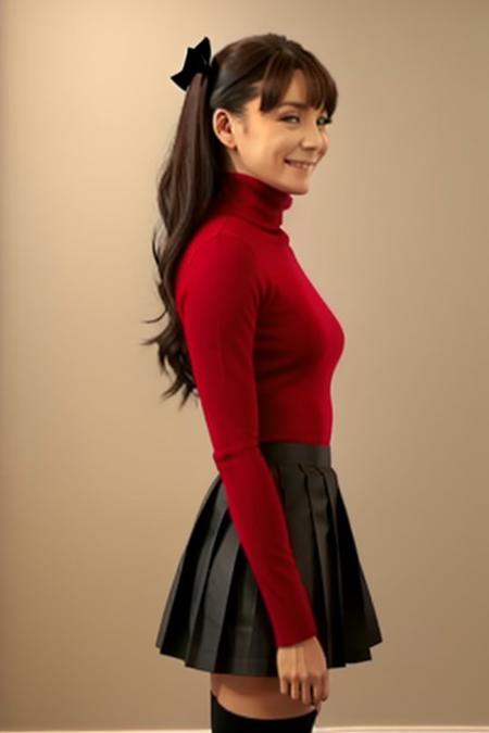 best quality, (masterpiece:1.2), highly detailed, realistic,
bedroom, house, 
<lora:chara_FateStayNightUBW_TohsakaRin_v1:0.8>, tohsaka rin,
1girl, solo, standing, looking at the viewer, three quarters front view, smile, closed mouth, slight blush,
long hair, two side up, brown hair, blue eyes, hair ribbon,
red turtleneck, long sleeves, pleated skirt, black skirt, black thighhighs