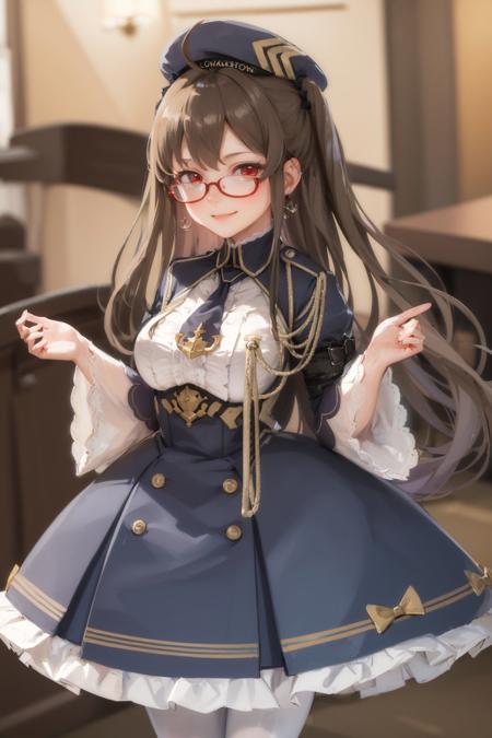 (masterpiece, best quality:1.2), <lora:azurlane_london-10:1>, cowboy shot, solo, 1girl, london \(azur lane\), smile, closed mouth, looking at viewer, black hair, ahoge, headwear, red eyes, semi-rimless eyewear, red-framed eyewear, dress, white shirt, necktie, pantyhose