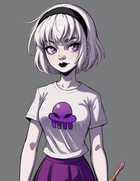 best quality, afterglow, 4k, ((masterpiece)), extremely detailed, 8k, trending on ArtStation, Intricate, High Detail, Sharp focus, rolalstart <lora:rolalstart:1>,symbol on shirt,1girl,solo,purple eyes,short hair,skirt,simple background,shirt,hairband,lipstick,t-shirt, white hair,black lips, <lora:more_details:0.5>, white skin