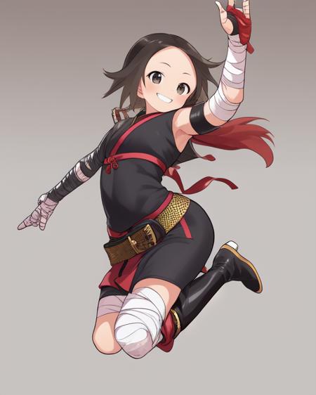 <lora:Yamamoto:0.9>
(full body)
(1girl)(solo)
(facing viewer)(forehead)
in
kunoichi outfit, bandages, belt, bandaged arm, bandaged legs, jumping, smile, tabi boots