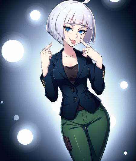 cubedcoconut, akanbe, tongue out, 1girl, medium breasts, silver hair, mohawk, bob cut, dark blue eyes, wearing black punk style lowleg pants , blazer, incredibly absurdres, finely detailed, amazing, best quality, smooth, 4k wallapaper