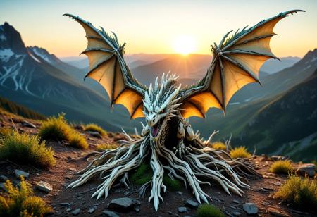 sunset made out of scrimshaw, flying mountain made out of ebony, giant roots, branches, leaves, 
masterpiece, best quality, amazing quality, very aesthetic, hdr ,atmospheric perspective , detailed shadowing, realistic, 8k, depth of field, very awa, immersive perspective, panorama,  very detailed background, digital background,  HD,
 BREAK,
1 dragon, creature focus, made out of ivory, two open wings, open maw, twisted body, dynamic scene, flying,fixl-art, pcb_style