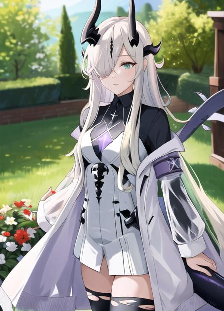 masterpiece, best quality, highres, 1girl, garden background,  <lyco:eblana-000015:0.88>, eblana, dragon horns, hair over one eyes, green eye,  torn thighhighs, white dress, black shirt, white coat, transparent sleeves, purple fire, dragon tail, black sleeves, horns