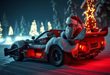 hyperdetailed ultra-detailed realistic,  
extremely detailed  Santa klauss hot racer car, full of gifts,  fast and cool racing car, with glowing vibrant light, detailed Christmas racing environment, dark shot, rtx, at exotic snow florest background , High Definition HD, High Detail, Perfect Composition, action movie,