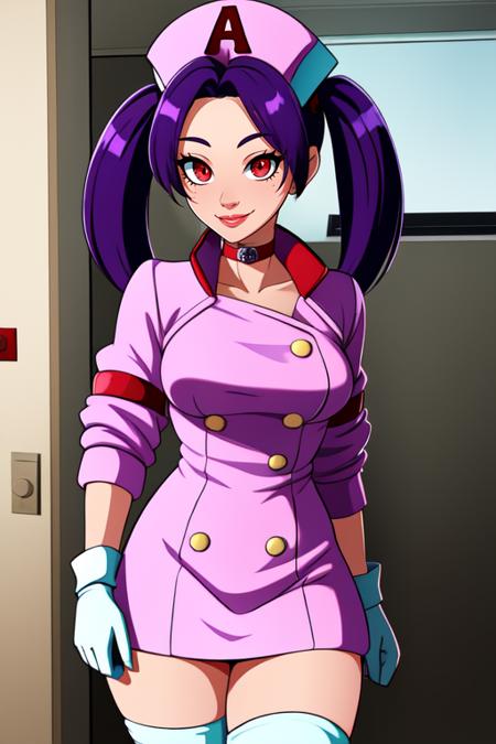 Alice,twintails,red eyes,purple hair,  smirk, 
white gloves, pink jacket, nurse cap with letter A,white thighhighs, 
choker,white, cropped jacket,jacket,gloves,skirt,
upper body, smile,  standing, 
hospital room.
(insanely detailed, beautiful detailed face, masterpiece, best quality) <lora:AliceBR2:0.7>