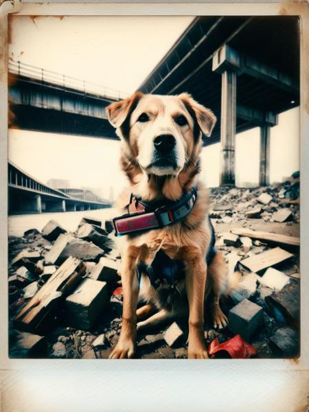 old dog sitting in a junky under the bridge, graffiti, campfire, detailed, wide angle <lora:ral-polaroid:1> ral-polaroid