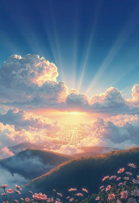Vertical 9:16 cinematic anime scene, mountaintop view over a glowing city in the distance, slow-moving layers of clouds with dynamic texture and volume, sunlight piercing through in brilliant shimmering rays, soft glow illuminating the hills and rooftops below, flowers gently swaying in the foreground, pastel golden hour palette with blues, soft oranges, and warm pinks, ultra-detailed anime watercolor style, dreamy and emotional motion atmosphere.