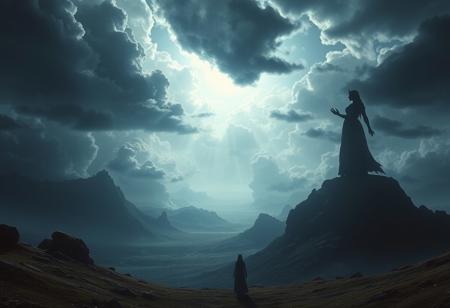 epic fantasy landscape, apocalyptic clouds in the distance, a storm is approaching, the silhouette of a giant goddess can be seen on the horizon, giantess, silhouette of a gigantic goddess in the background, barely visible,
