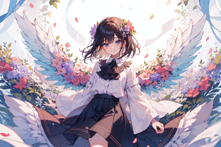 solo, 1girl, smile, shirt, skirt, random flowers, leaves, looking at viewer, glance, flower wings