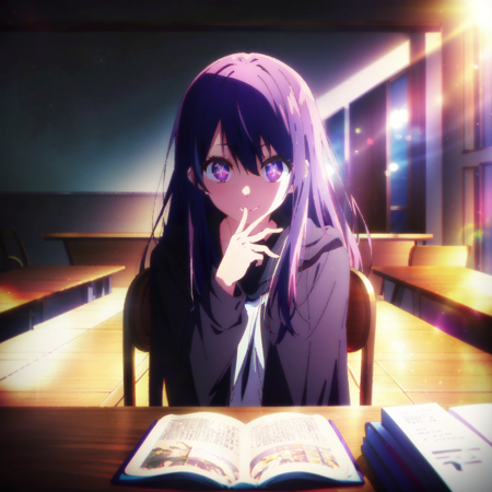 <lora:aiHoshinoLycorisOshiNoKo_v25:0.7>, ai hoshino, purple eyes,  eyes, sunrise, hair blowing, torogao, magical school, chromatic aberration, looking at viewer, (solo:1.1), depth of field, cloak, cape, black cloak, wine glass, <lora:kyotoAnimation_v10:0.45>, Kyoto Animation screencap, anime screencap, table, sitting on a chair, class, ((holding book:1)),