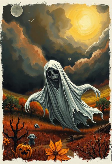 A detailed illustration of a creepy ghostly figure in a warm autumnal landscape, under an intense dramatic sky.  The painting is rendered with bold expressive brushwork and richly layered textures, creating a haunting atmosphere yet a sense of earthiness and coziness. The whimsical style is characterized by a blend of reality and fantasy.