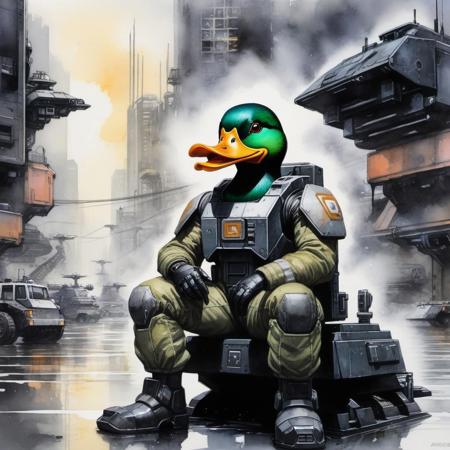 80's scifi Painting, a duck pilot sitting on a black piloted mecha, TAG from infinity the game, in the background an urban street, watercolor and black ink, very detailed