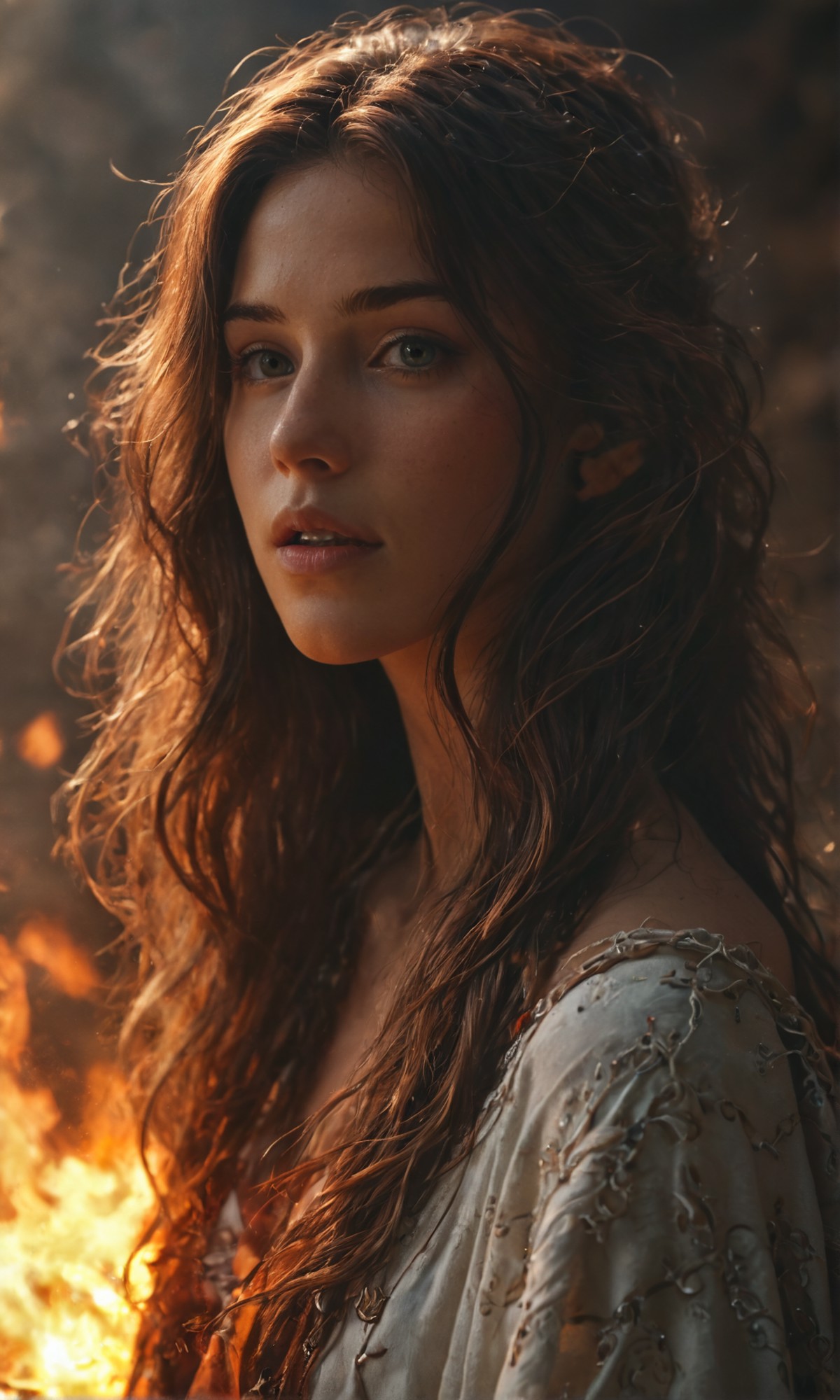 girl composed of white light, glowing, robe, fire, sun, 1girl, perfect chest, long hair, solo, cowboy shot, cinematic angl...