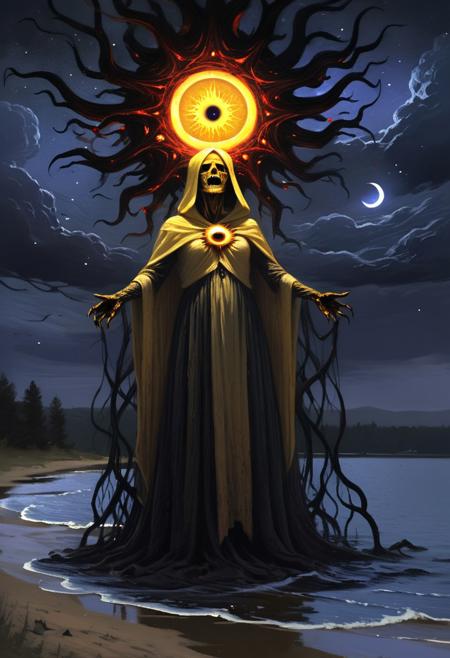 HavvoricFireDarkstyle, cosmic horror, dark art, by theodore robinson, painting, King in Yellow, Along the shore the cloud waves break The twin suns sink behind the lake The shadows lengthen In Carcosa Strange is the night where black stars rise And strange moons circle through the skies But stranger still is Lost Carcosa Songs that the Hyades shall sing Where flap the tatters of the King Must die unheard in Dim Carcosa Song of my soul my voice is dead Die thou unsung as tears unshed Shall dry and die in Lost Carcosa