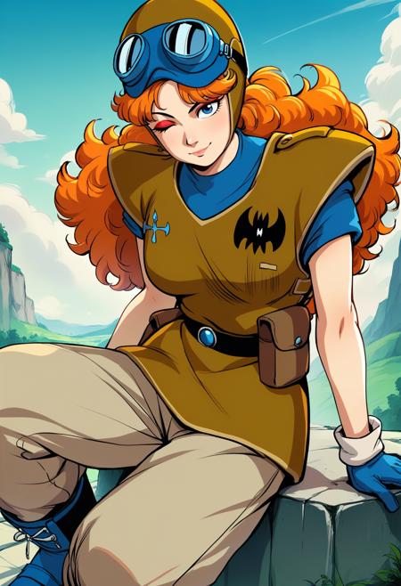 DBExtraGirl02Pa, blue eyes, long hair, orange hair, curly hair, red eyeshadow, large breasts, brown armor, blue undershirt, blue gloves, helmet, goggles on headwear, beige pants, blue boots, black belt, belt pouch,