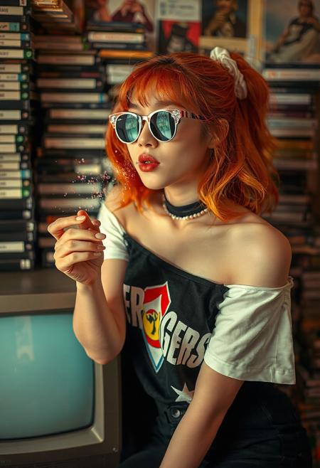 DLSR photograph, slender, beautiful extremely sexy 26 year old korean model . Pale skin, 
lighting<lora:MoriiMee_Gothic_Niji_Style_FLUX:0.3500000000000001> <lora:AsirAsianPhotographyflux:0.7000000000000002>
Candid, portrait shot of a photorealistic woman surrounded by piles of VHS tapes, blowing glitter off her hand while leaning on a CRT TV playing static. She's wearing an off-shoulder Power Rangers tee, beaded choker, and sparkly star-shaped sunglasses. Her hair is half-up, scrunchie-held, bright orange ombré.
real skin, photorealistic texture, cozy retro chaos, pastel-meets-neon, analog fantasy, pop culture overload, nostalgic queen of clutter
fmlas-mk.1, mythp0rt,,