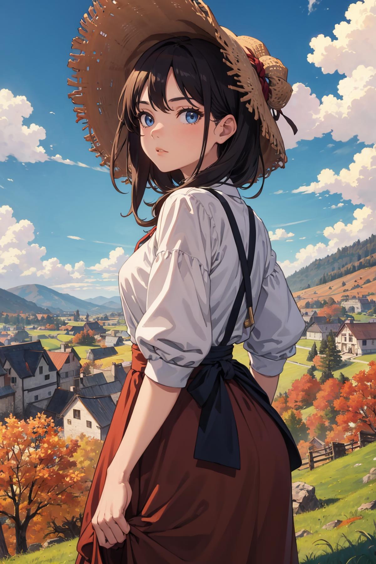 A girl wearing a hat and an apron, standing in front of a town.