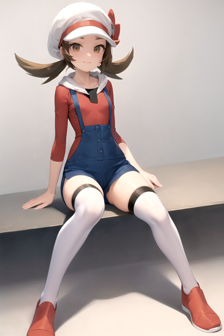 masterpiece, best quality, <lora:Lyra-01:1> , lyra \(pokemon\), full body, brown eyes, red shirt, overalls, white headwear, bow, red footwear, white thighhighs, smile, sitting,