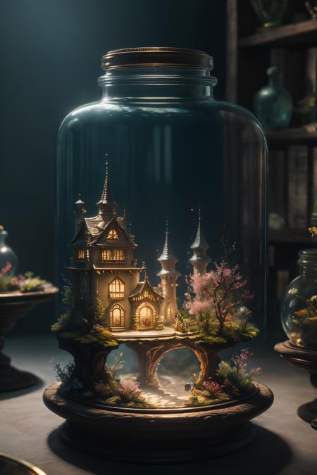 ((best quality)),absurdres,(ultra high res),octane render,(hyperrealistic:1.2), a glass jar with a house inside of it, beautiful render of fairytale, golden miniature, enchanted dreams, beautiful art, blurry background, (realistic:1.7), (8k), (Masterpiece),  (studio lighting),  <lora:diorama:0.77>