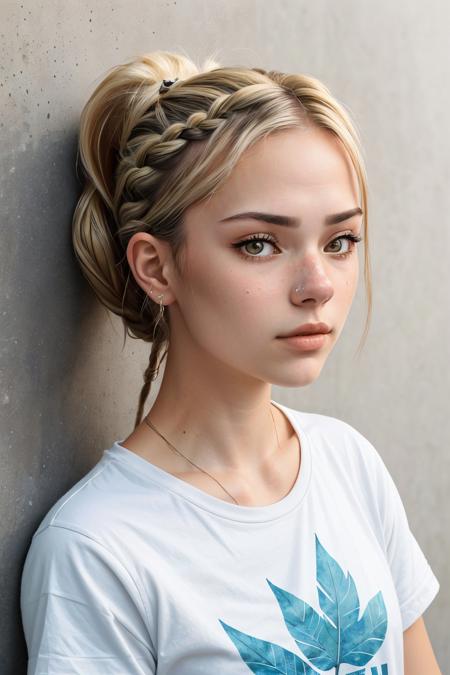 (high angle, closeup on face:1.2) photo of <lora:GeorgiaEllenwood_v3:.9> GeorgiaEllenwood,
she is wearing maple leaf print t-shirt
,
she is wearing feather boa,
her hair is styled as French braid ponytail,
BREAK she is (leaning on a wall:1.1),
light beams streaming through haze,
shot on Fujifilm X-T4
,