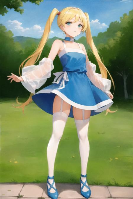 rtachan,blue dress,twintails,outdoors,full body,standing,detached sleeves,white thighhighs,long hair,garter straps,  standing,,traditional media,  <lora:rtachan:1>