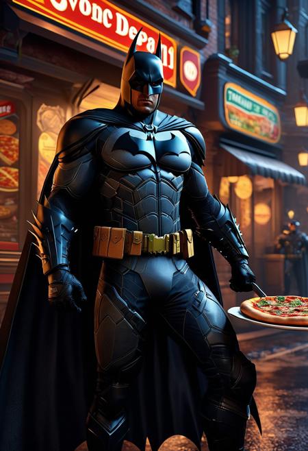 Batman As A Pizza Delivery Driver, with intricate details and textures, evoking a fantasy concept art piece in a cinematic, Unreal Engine 5-inspired style