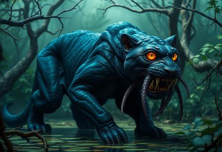 a huge scary panther stalking through a jungle, short fur, large yellow cat eyes, displacer beast, 2 tentacles, feline body, indigo fur, iridescent fur, ((6 legs)),
Background branches and vines, swamp