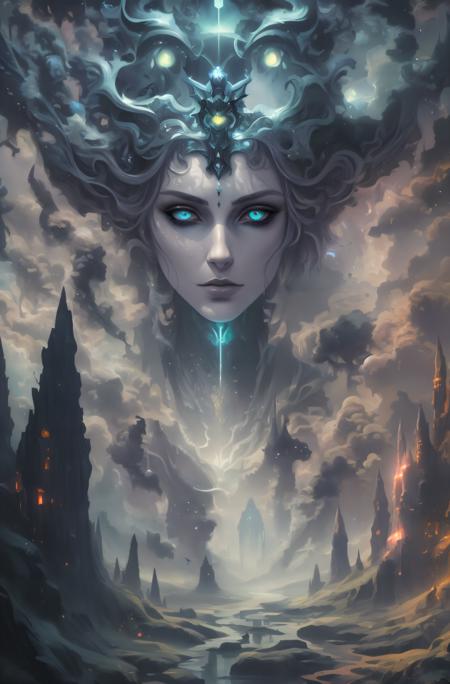 epic stunning details, extremely colorful fantasy art by Magali Villeneuve, Junji Ito and Anne Stokes, In a dimly lit room, a delicate watercolor painting comes to life, with intricate patterns and textures that bring the scene to life. The colors are muted and bold, with deep reflections of each other etched into their surface, capturing the beauty and tranquility of natural environments, Alternative comics, splash of color, Arthurian legends, fantasy, traditional Japanese influences,  sword and sorcery, superhero illustrations,  hyperrealistic robots,  themes of femininity and spirituality,  creative storytelling,  vibes, highly color focused, full color, intricate detail, deep aesthetic, hkmagic, hkevil,  <lora:dark_fantasy_flux:1> <lora:FantasyWizardWitchesFluxV2-000001:1> <lora:flux_realism_lora:1> <lora:FluxDFaeTasticDetails:1> <lora:FluxGhost-000001:1>