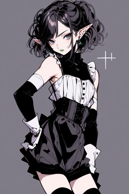 <lora:bess_hamiti:1>, solo, 1boy, thighhighs, male focus, pointy ears, gloves, maid, elbow gloves, green lips, makeup, crossdressing, lipstick, black hair, jewelry, black lips, elf, muscular, zettai ryouiki, dress