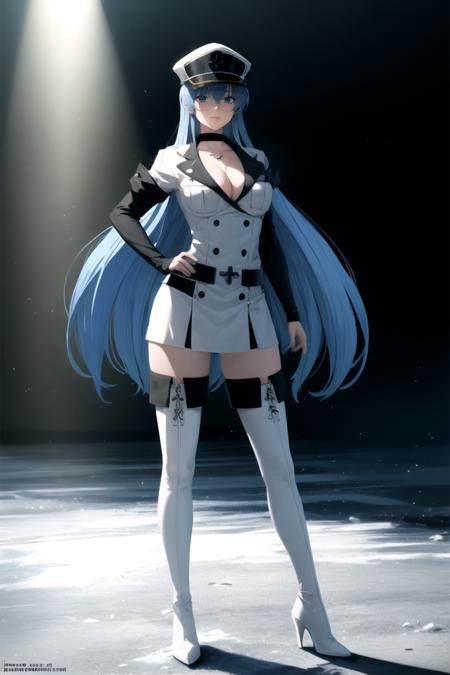 esdeath, looking at viewer, smile, large breasts, collarbone, full body, belt, high heels, white thighhighs, zettai ryouiki, hand on hip, military uniform, white headwear, thigh boots, black choker, white footwear, peaked cap, high heel boots, ice, military hat, chest tattoo, (subsurface scattering:0.6), (ray traced:1.5), (depth of field:0.8), (bokeh:0.8), (god rays:0.8), (vivid colors:1.0), (cinematic hard lighting:0.9), (strong shadows:1.2), 
 <lora:esdeath:1>   
 <lora:epi_noiseoffset2:1>