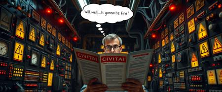 A engineer reading the mysterious instruction leaflet with big red title "CIVITAI Maintenance Mode". Walls of millions of flashing lights, buttons, levers, dials, warnings, arrow signs, switches and wirings of all kinds crowd around him demanding his attention. The room is relatively dark and it is lit only by flashing yellow warnings lights and emergency red lights who create a high contrasted ambiance. A small thinking bubble above the engineer head with the text "Well, well... It gonna be fine!?"