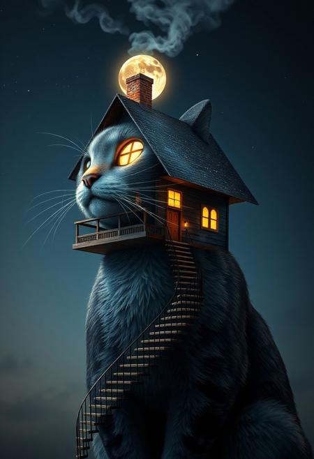 "Create a photorealistic image of a cat being used as a support for a house, with the house perched atop the cat's head. A winding stairway wraps around the cat's body, leading up to the front door of the house. Smoke billows out of the chimney, and warm lights glow from within the windows. The cat's head is a stunning representation of the night sky, with stars and constellations visible in the fur. The moon is double-exposed into the cat's eye, shining brightly with a soft, lunar glow. The cat's expression is serene and calm, as if it's content to be supporting the weight of the house. The image should be rendered in exquisite detail, with subtle textures and shading that bring the scene to life. The overall effect should be one of whimsical, fantastical wonder, as if the cat is a living, breathing pillar that's holding up the entire structure." Highest-Quality, 4k, intricate details, visually stunning, Masterpiece