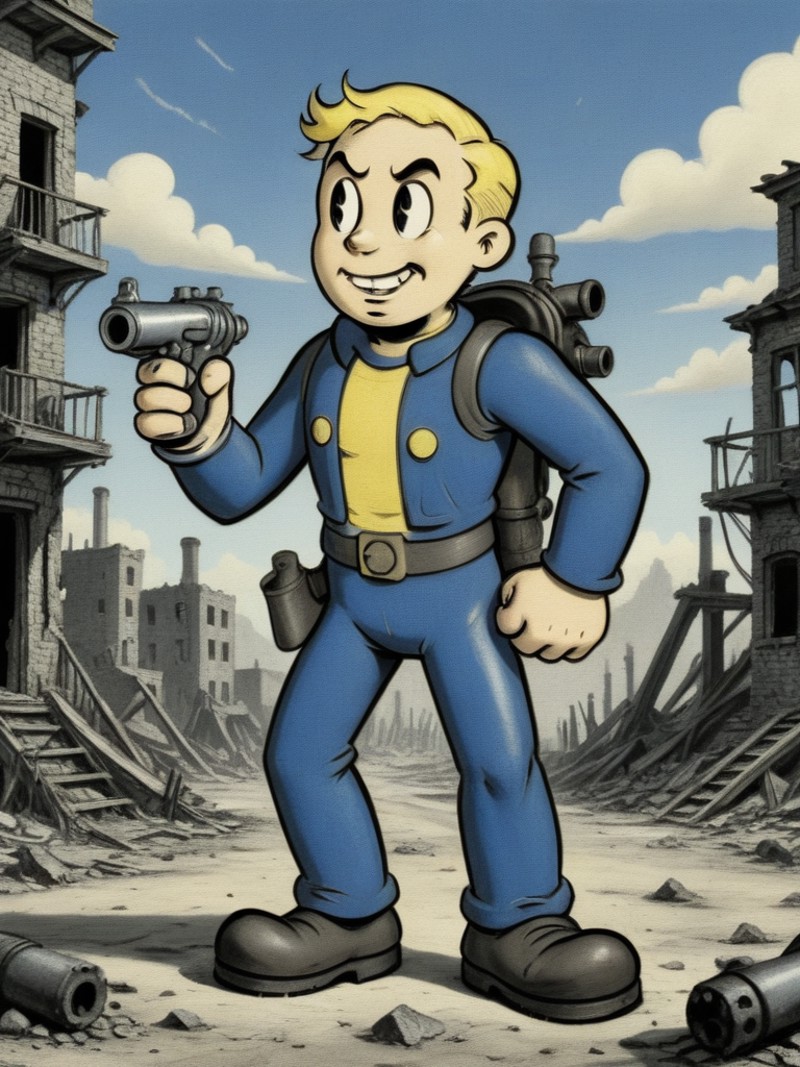 old cartoon illustration, fallout, vaultboy <lora:A_RubberHose_Character_v2_SDXL:1> rubber_hose_character, city ruins back...
