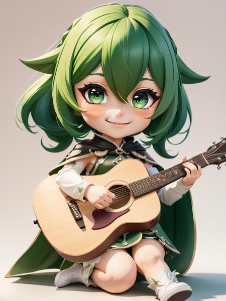 {{masterpiece}},illustration,{{best quality}},full body,chibi,1girl,solo,head tilt,nahida_genshin,cross-shaped pupils,default_dress,green cape,sitting,cute,smile,look at viewer,{playing guitar},
<lora:chibi:0.7>,chibi,