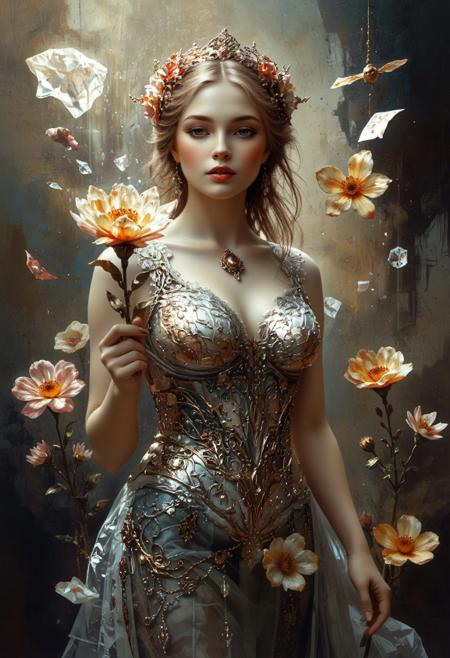 Jennifer Morrison, oil painted, fantasy image that combines the style of oil painting and digital painting, light neclace, <lora:New_Fantasy_CoreV4_FLUX:0.8>,  <lora:aidmaMJ6.1_v0.5_3:0.6> aidmamj6.1, flowers art,  <lora:artisketchyfs-v02:0.8>,  <lora:artfusion-lora-r128-v1:0.4>, Sheets of paper fall in the background, hold a flower in hand,  <lora:breast-size2:2>,  <lora:ADD_Gold_and_Crystals_like_its_1995:0.7> gold, transparent crystal flower,