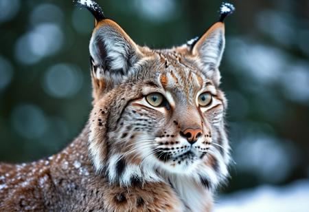 portrait, masterpiece, 4k, ray tracing, intricate details, highly detailed, hyper realistic, 8k RAW editorial photo.
an adorable lynx , head with a tilt and a slight blink. The lynx is feathers should be soft and fluffy, the background should be a  snowy forest, dramatic light, shallow depth of field, high budget,