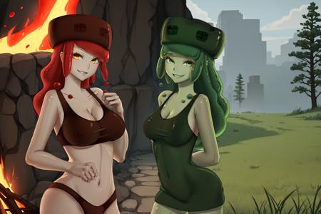 (masterpiece, best quality:1.2), <lyco:mobtalker_magmacube-10:0.8>, cowboy shot, 2girls, mcmagma, colored skin, smile, looking at viewer, hand on own chest, hat, yellow eyes, bikini, cleavage, large breasts, fire, inferno, hellscape BREAK
<lyco:slime-nvwls-v1-final:0.8>, cowboy shot, 2girls, slim3, slime girl, green skin, smile, looking at viewer, arms behind back, green hat, green dress, large breasts, plains, grass, trees