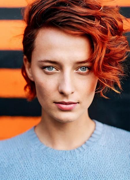 portrait of sks woman by Flora Borsi, style by Flora Borsi, bold, bright colours, orange Mohawk haircut, ((Flora Borsi)), <lora:lora_iga_swiatek_320:1.4>