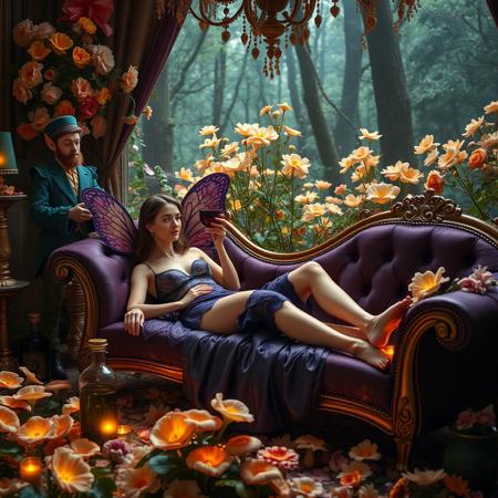 The flashy decoration, the luxurious interior of extravagance, the room full of decorative arts, flowers filling every space, a Fairy queen lying on the chaise longue in a forest garden, surrounded by blooming luminous flowers, with a goblet, wearing a tight purple lace night gown, a leprechaun waiter standing in the corner, silk and satin clothing, two potion bottles and mushrooms on the ground, the focus is on the woman on the sofa, navy blue and gold tones,