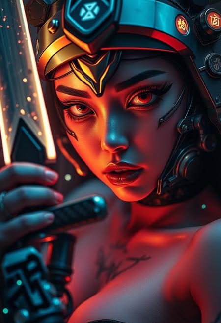 Extreme close-up of a cybernetic samurai holding a glowing sword. Sharp metal meets soft synthetic flesh. Silicone skin. Sexy attire. Preternatural beauty. Cute heart-shaped face, glowing eyes, small chin, puffy lips, metallic mask, bioluminescent tattoos, glowing Chinese runestones, light particles, UV lighting. Hyper-detailed textures. Hyperrealism. Moody, intense atmosphere. Cyberpunk setting.