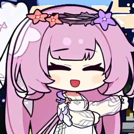 1girl, solo, >_<, dress, smile, closed eyes, :d, open mouth, white dress, long sleeves, elysia \(herrscher of human:ego\) \(honkai impact\), flower, starry sky, full background,