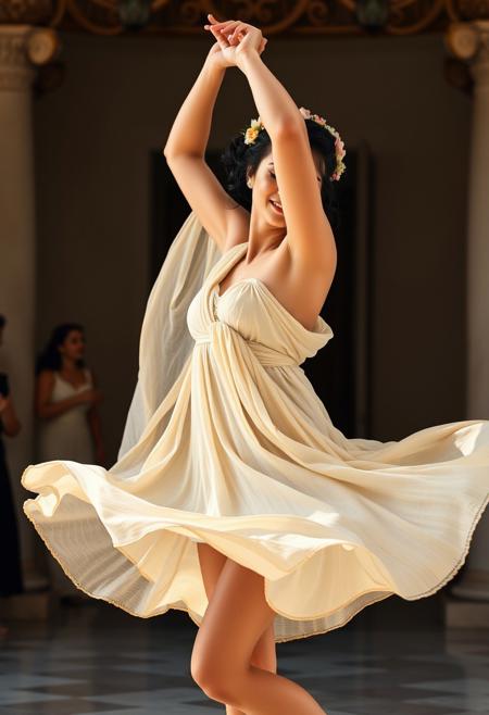 In the heart of a grand Roman villa, an elegant young woman is captured in the midst of a lively Bacchanal dance. She wears a delicate stola that flows around her with each movement. Her dark hair is styled in an intricate updo, adorned with a wreath of fresh flowers.
In this moment, she is mid-twirl, her left arm raised gracefully above her head, fingers extended as if reaching for the stars. Her right arm is outstretched to the side, balancing her poised movement. Her left leg is slightly bent, foot pointed delicately, while her right leg supports her, providing a strong yet elegant stance. The stola fabric swirls around her, accentuating her fluid motion and adding a sense of ethereal beauty to her form.
Her expression is one of joyful abandon and pure ecstasy, eyes closed as she loses herself in the rhythm of the dance. A soft smile graces her lips, reflecting the exhilaration of the moment. The subtle makeup, with strong eyeliner and mascara, enhances her expressive features, highlighting her natural beauty and the intensity of her dance.
The room around her is softly illuminated by the warm glow of candlelight and sconces, casting gentle shadows that dance along with her. Polished marble pillars and intricate frescoes provide a majestic backdrop, adding depth and richness to the scene without distracting from the captivating dancer at its center. luc14nn4
