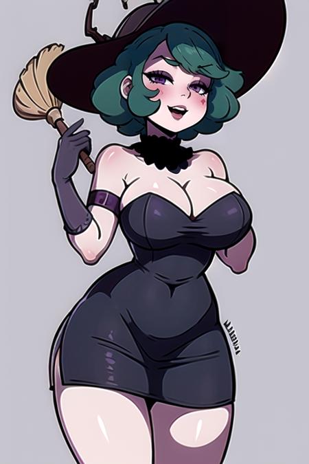 <lora:Eclipsa:0.8> eclipsabutt, 1girl, solo, breasts, looking at viewer, blush, smile, short hair, open mouth, bangs, large breasts, simple background, gloves, hat, dress, cleavage, bare shoulders, purple eyes, thighs, cowboy shot, green hair, grey background, black dress, hands up, strapless, covered navel, witch hat, detached collar, thick thighs, short dress, half-closed eyes, strapless dress, broom, wide hips, witch, grey gloves, purple eyeshadow