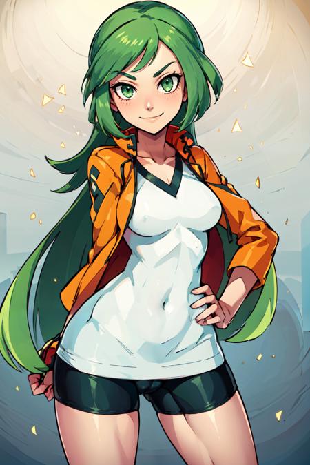 ace trainer (pokemon), 1girl, solo, green hair, green eyes, long hair, blunt bangs, orange jacket, white shirt, black bike shorts,