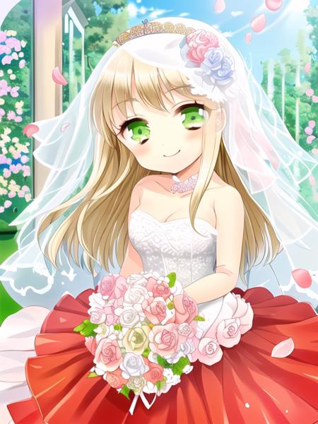 Fuyuki Eve , 1girl, dress, green eyes, flower, solo, veil, wedding dress, smile, blonde hair, bouquet, bridal veil, long hair, hair flower, hair ornament, petals, looking at viewer, bare shoulders
<lora:grimoire-v1.0:1>