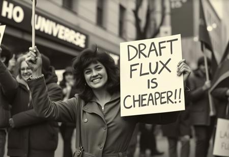 A photograph of HAPPY miss universe protesting with a poster in his hands that says "DRAFT FLUX IS CHEAPER !!", (Masterpiece, old photography)