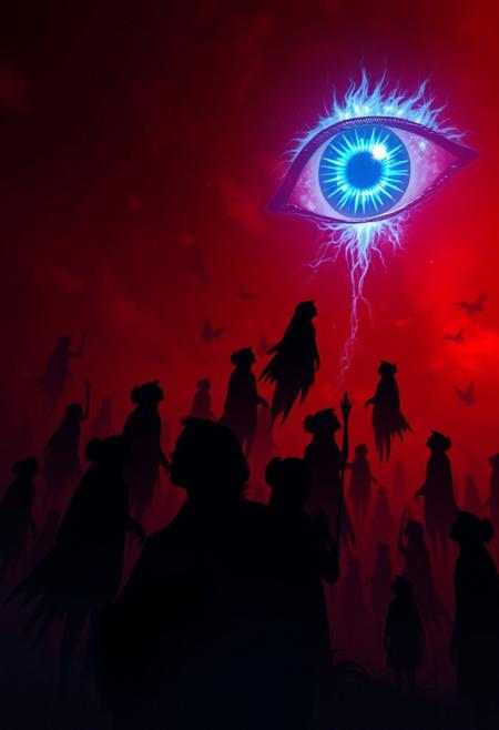 "In a canvas of deep, blood-red twilight, a coterie of shadowy silhouettes floated upwards, their dark, amorphous forms suspended in mid-air like specters, their faces tilted upwards in rapt attention towards a glowing, ethereal eye that gazed down from the heavens. The eye, a burning, sapphire-blue orb, pulsed with an otherworldly energy, its gaze drawing the shadowy figures upwards like moths to a flame. As they rose, their silhouettes began to blur and merge, becoming one with the surrounding shadows, while the eye watched, unblinking, its radiance casting an eerie, supernatural glow across the darkened landscape, imbuing the scene with an aura of mystic, unsettling allure." highest-Quality, intricate details, visually stunning, Masterpiece
