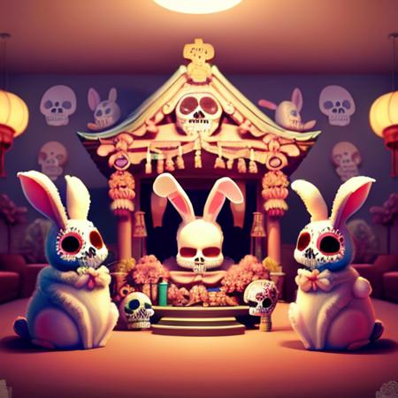 digital art sug4rT3CH a shrine to cute bunnies in a lounge room <lora:sugarTECHv2:1> colorful