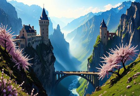 towers ringed in mist, sunrays, mixed media, flux-style, surrealism, fantasy, great lighting, A surreal landscape highly detailed, extremely high-resolution details, appears trapped in an optical illusion of reflections and refractions, colorful, Spring, cherry blossoms in the wind, sweeping vistas, majesty, spring blooms, (Zhangjiajie mountains:1.5),  (((Paris in contemporary France, baroque architecture, European architecture, German Renaissance towers))), (stone arch bridges:1.05), winding rivers extending to the horizon, professional photography, natural lighting, volumetric lighting maximalist. vivid, vibrant colors, intricately detailed, (psychedelic colors, psychedelic colors:1.15), complex, elegant, expansive, fantastical, film photography style, medium grain, cmnt
 (8k uhd:1,4)
 <lora:add-detail-xl:1>
 <lora:Dynamic Poses:1>