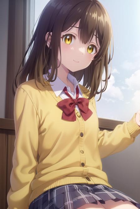 sayuogiwara, <lora:sayu ogiwara s1-lora-nochekaiser:1>,
sayu ogiwara, long hair, bangs, brown hair, (yellow eyes:1.5), smile,
BREAK skirt, shirt, long sleeves, bow, school uniform, white shirt, pleated skirt, socks, collared shirt, bowtie, red bow, sweater, plaid, plaid skirt, cardigan, black socks, red bowtie,
BREAK indoors, classroom,
BREAK looking at viewer, (cowboy shot:1.5),
BREAK <lyco:GoodHands-beta2:1>, (masterpiece:1.2), best quality, high resolution, unity 8k wallpaper, (illustration:0.8), (beautiful detailed eyes:1.6), extremely detailed face, perfect lighting, extremely detailed CG, (perfect hands, perfect anatomy),